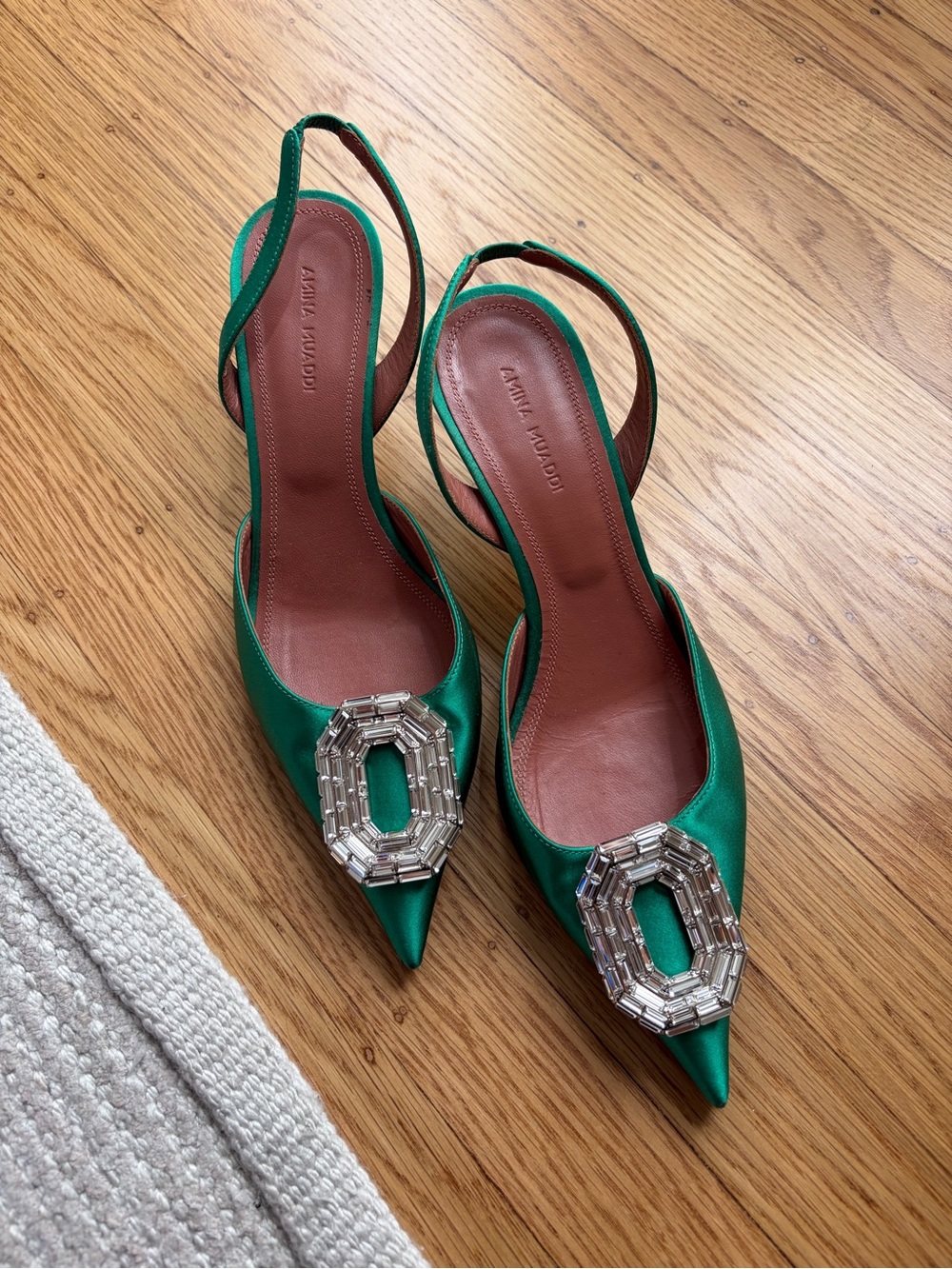 Amina Muaddi Camellia Satin Pointed Slingback Pumps with Crystal Buckle 37.5